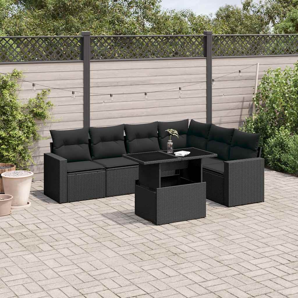 7 Pcs conjunto de sofás p/ jardim c/ almofadões vime PE preto