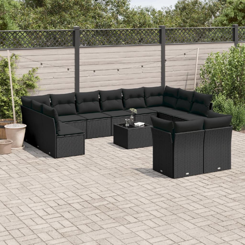 13 Pcs conjunto de sofás de jardim com almofadões vime PE preto
