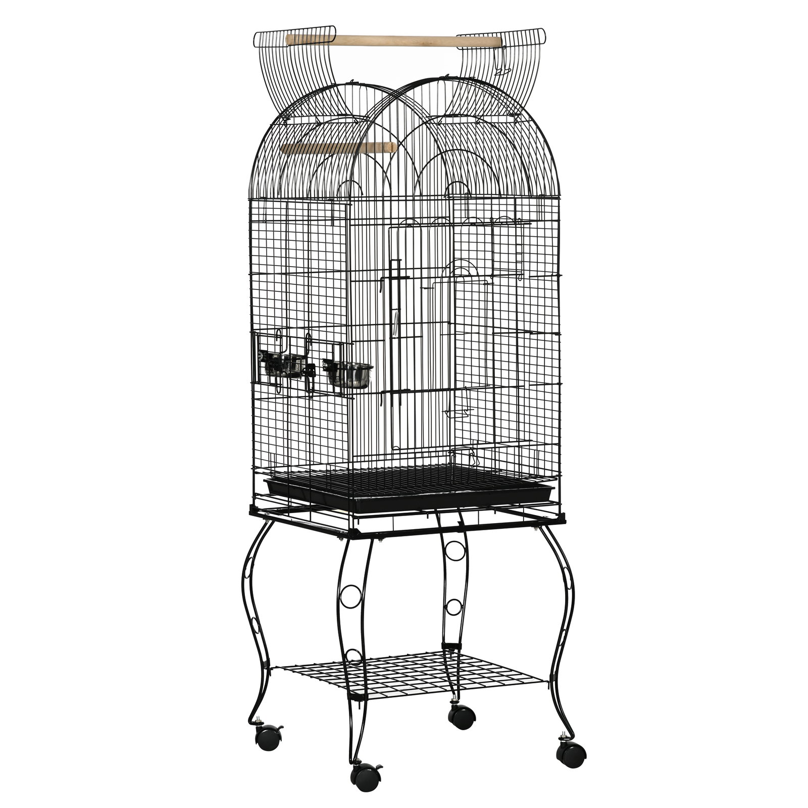 Gaiola para pássaros com suporte e rodas bandeja amovível e 2 tigelas 51x51x153 cm preto