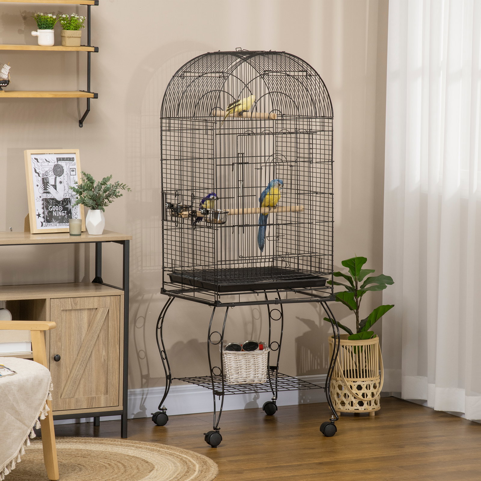 Gaiola para pássaros com suporte e rodas bandeja amovível e 2 tigelas 51x51x153 cm preto
