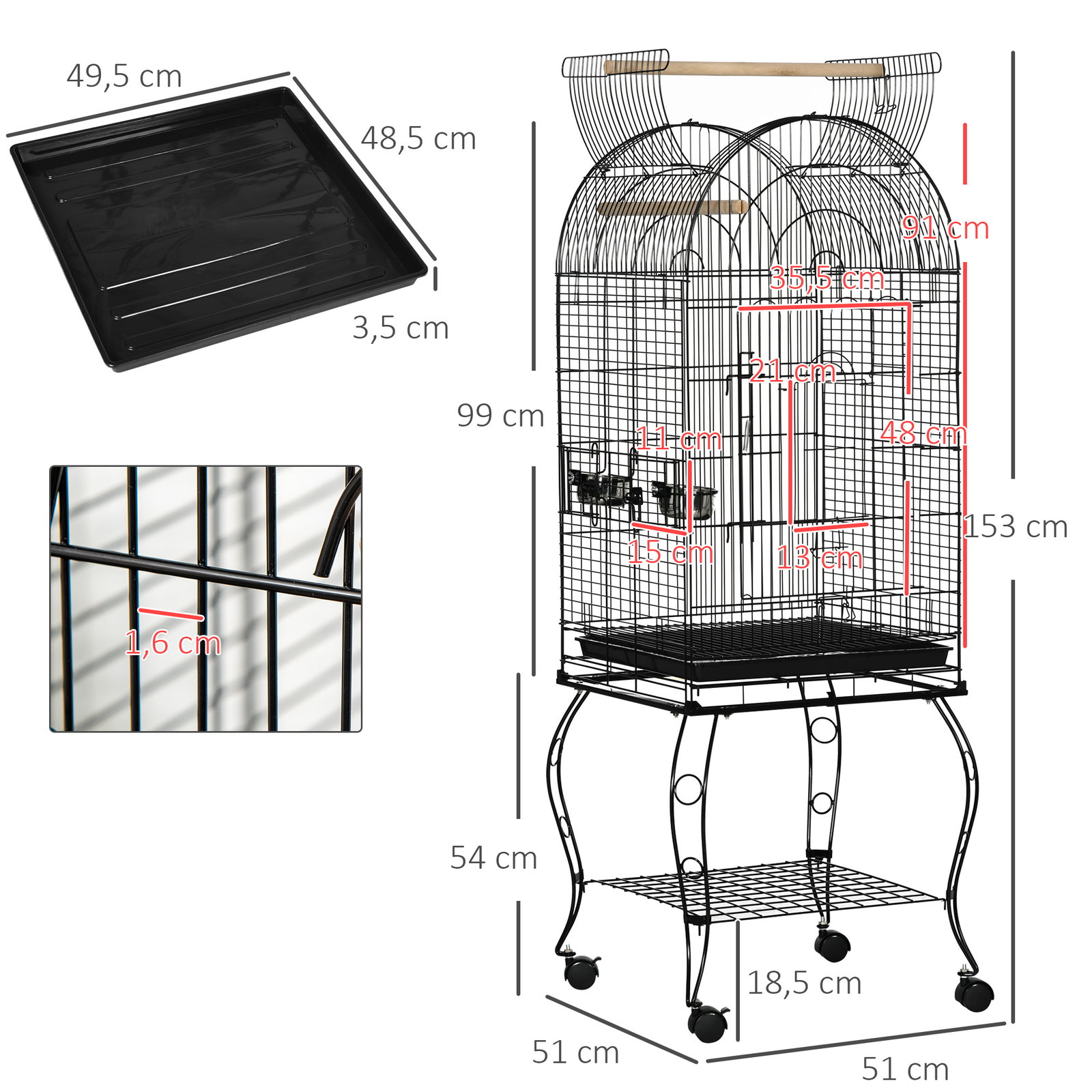 Gaiola para pássaros com suporte e rodas bandeja amovível e 2 tigelas 51x51x153 cm preto