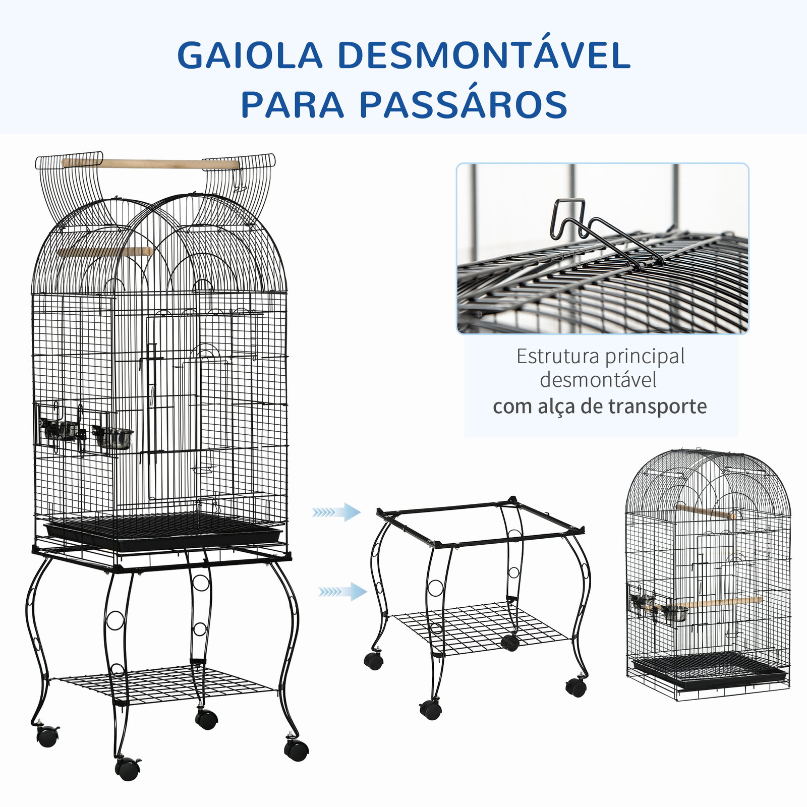 Gaiola para pássaros com suporte e rodas bandeja amovível e 2 tigelas 51x51x153 cm preto