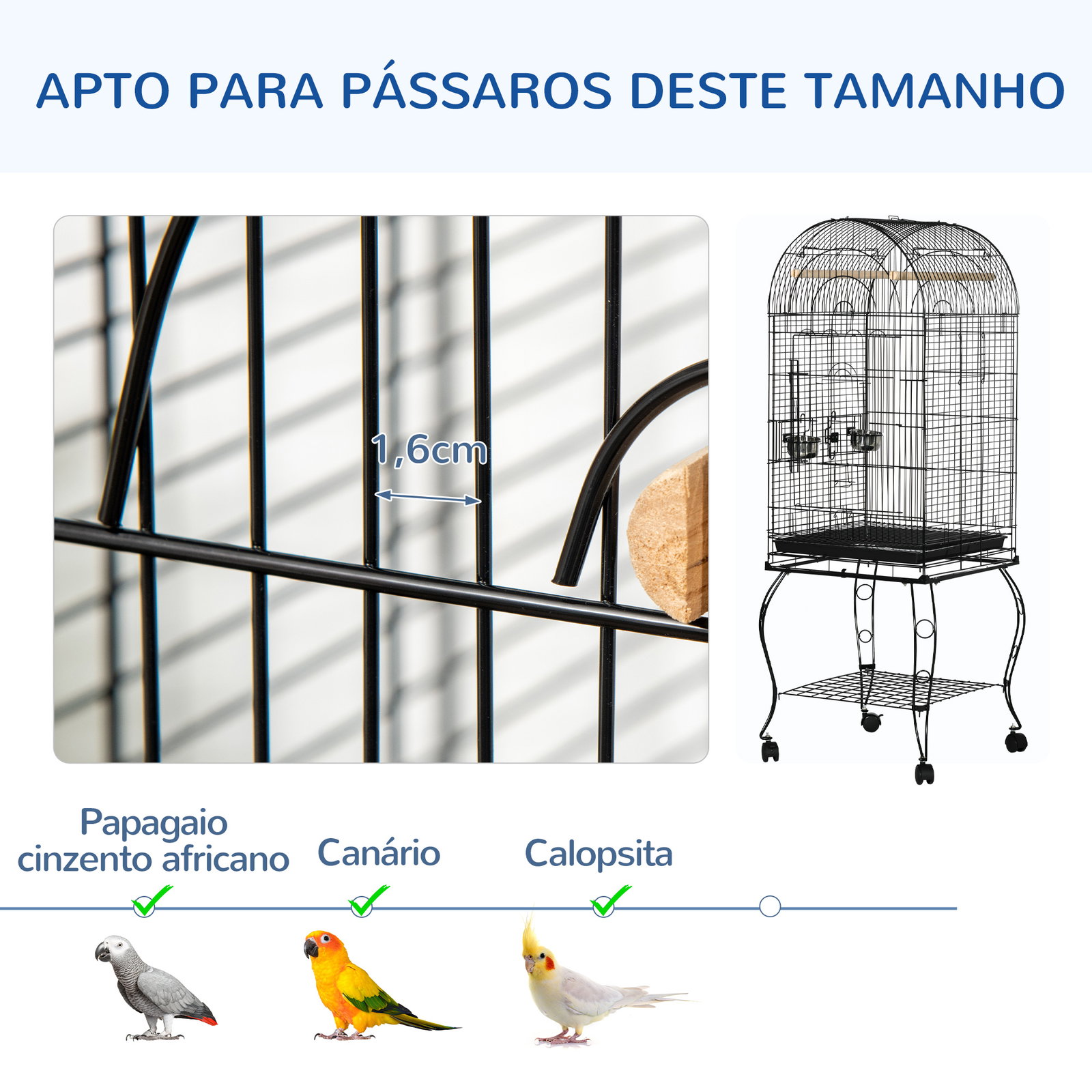 Gaiola para pássaros com suporte e rodas bandeja amovível e 2 tigelas 51x51x153 cm preto