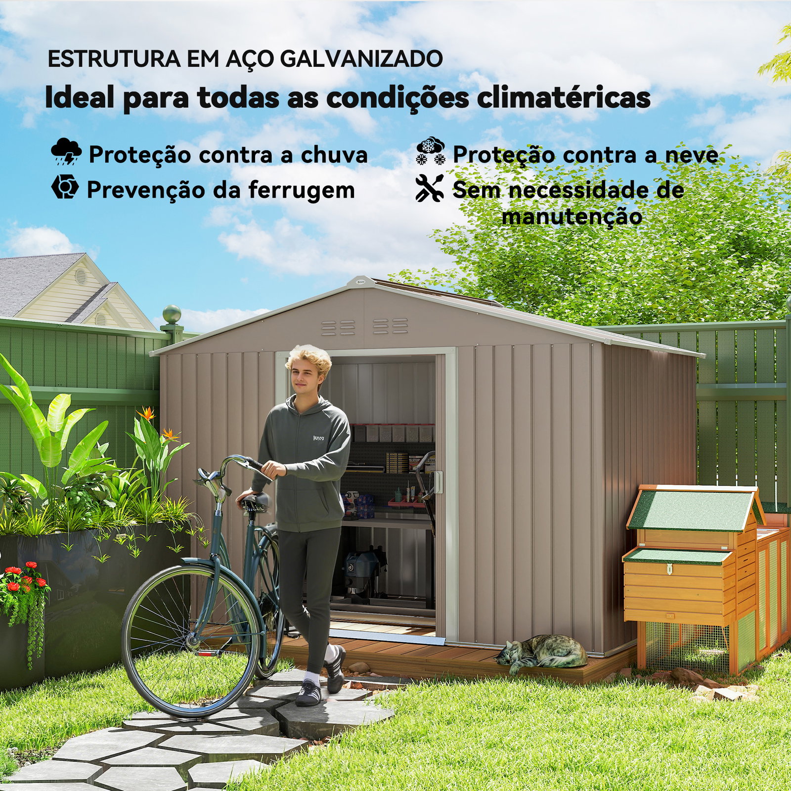 Abrigo de jardim 277x195x192 cm metálico para armazenamento de ferramentas cinzento