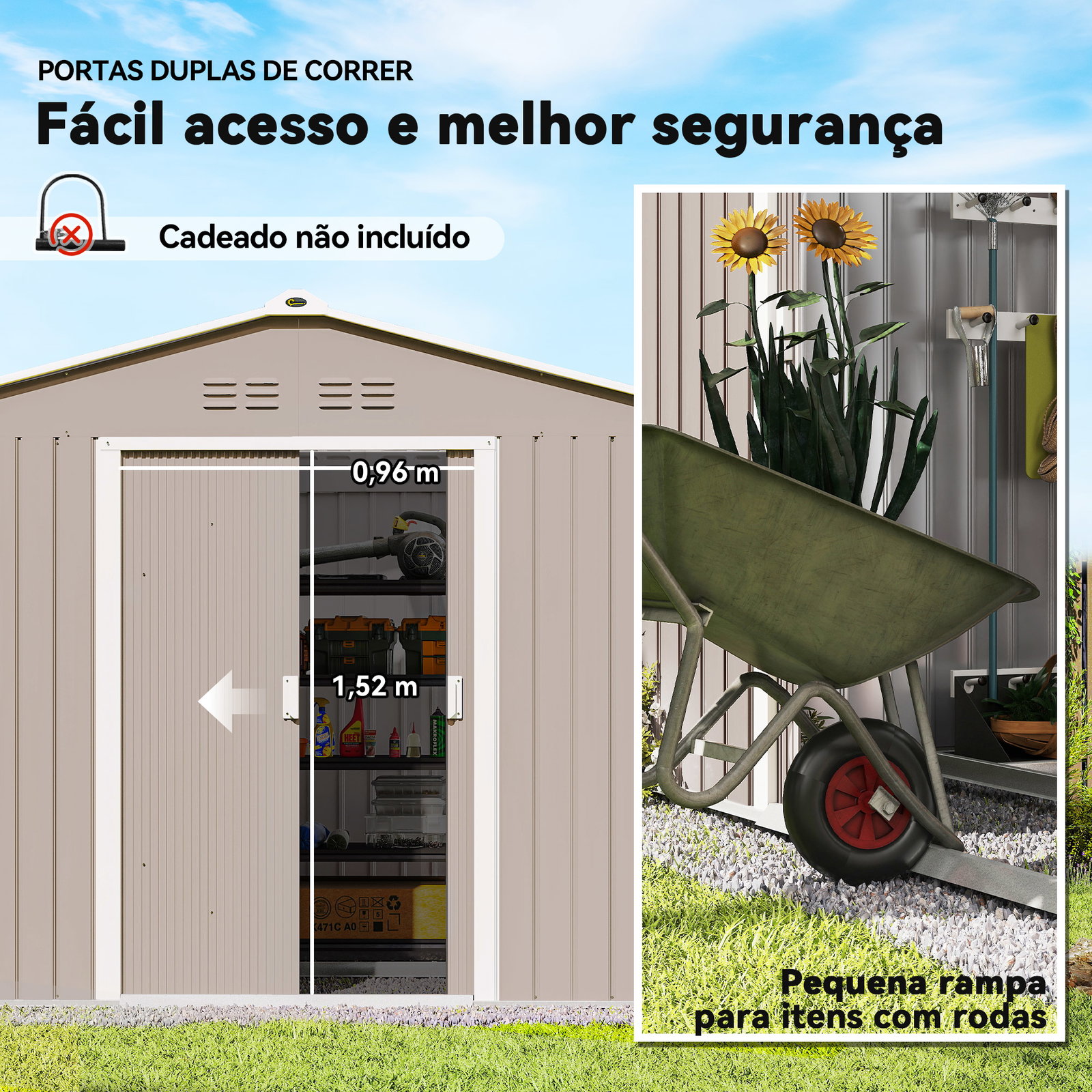 Abrigo de jardim 277x195x192 cm metálico para armazenamento de ferramentas cinzento