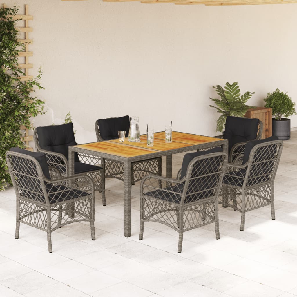 7 Pcs conjunto de jantar p/ jardim c/ almofadões vime PE cinza