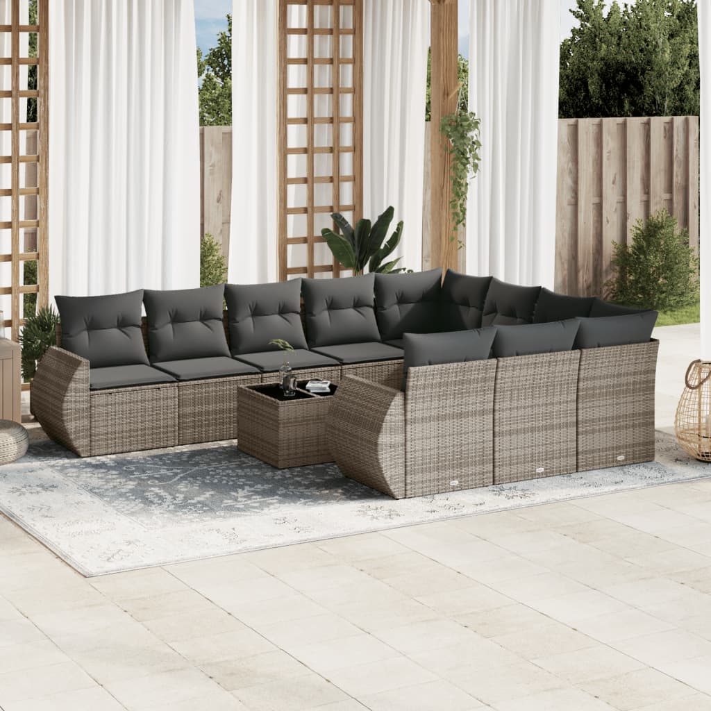 11 Pcs conjunto sofás de jardim c/ almofadões vime PE cinzento