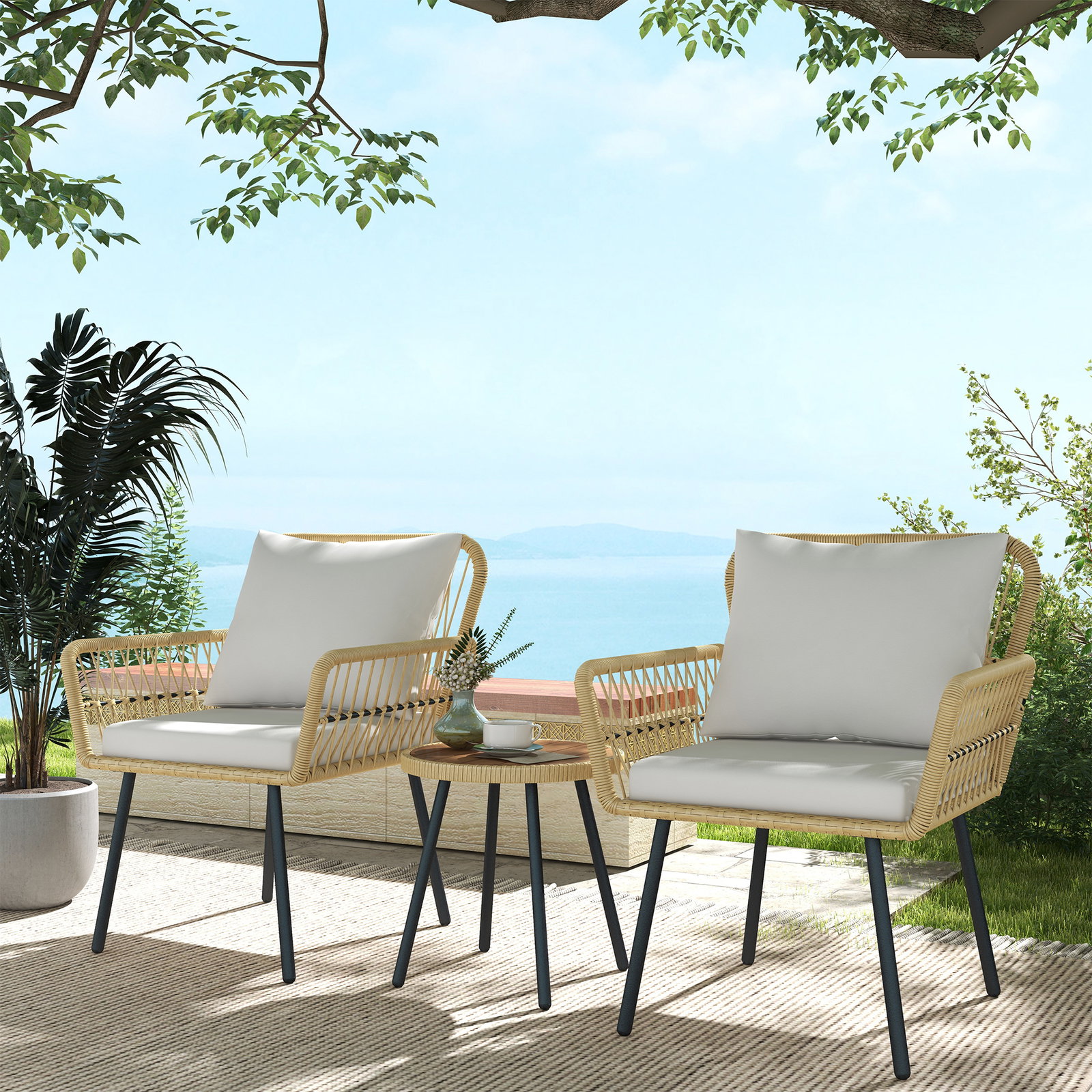 Conjunto de mesa e poltronas para jardim exterior jogo de 3 peças de vime com 2 poltronas 1 mesa para terraço natural