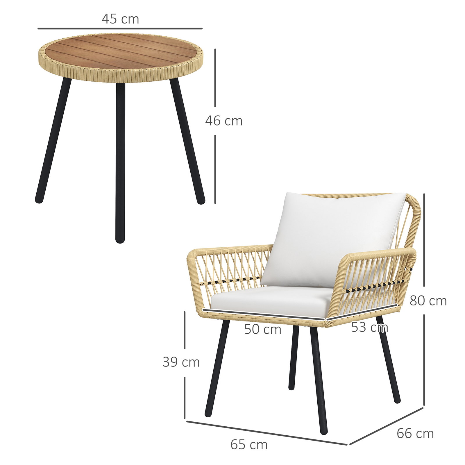 Conjunto de mesa e poltronas para jardim exterior jogo de 3 peças de vime com 2 poltronas 1 mesa para terraço natural