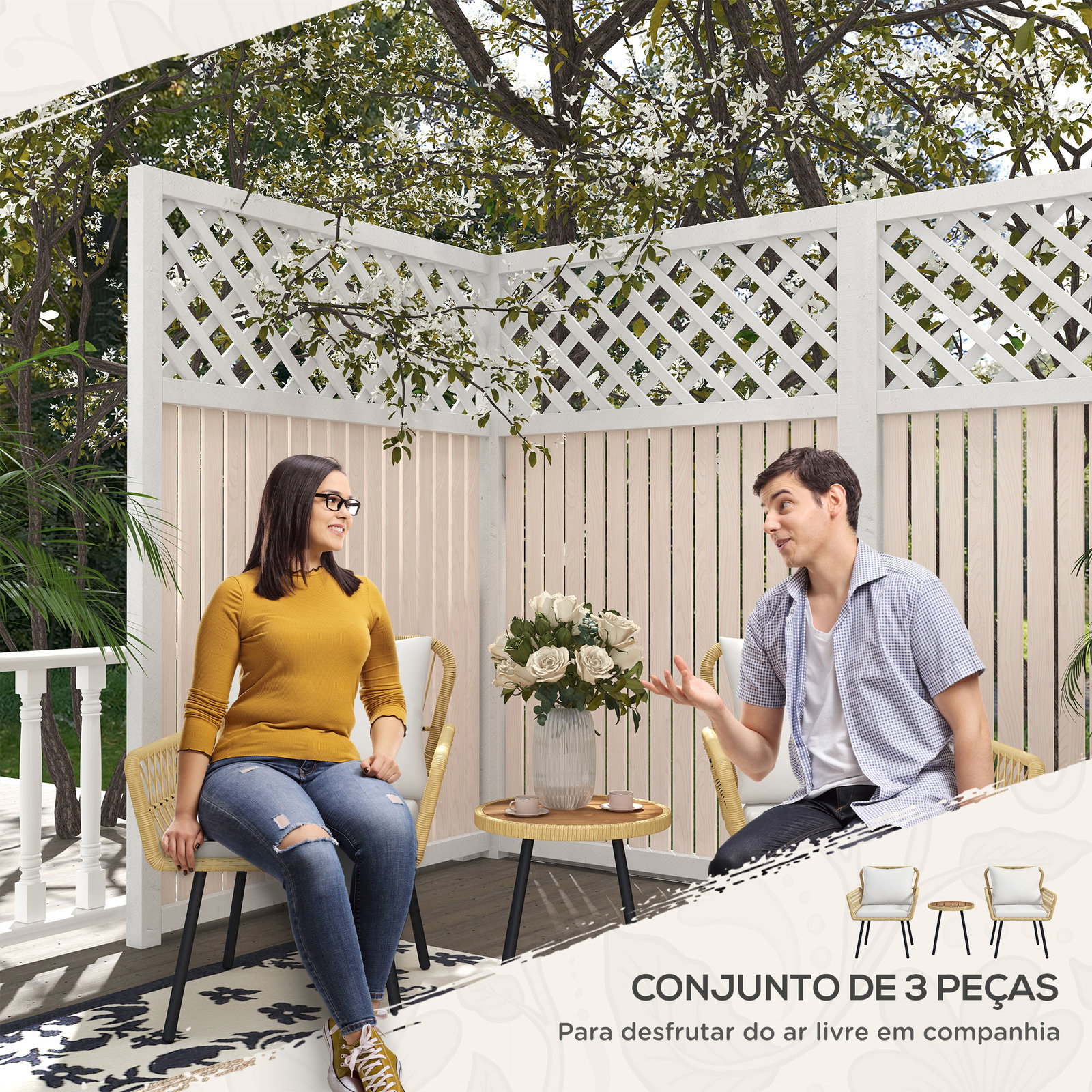 Conjunto de mesa e poltronas para jardim exterior jogo de 3 peças de vime com 2 poltronas 1 mesa para terraço natural
