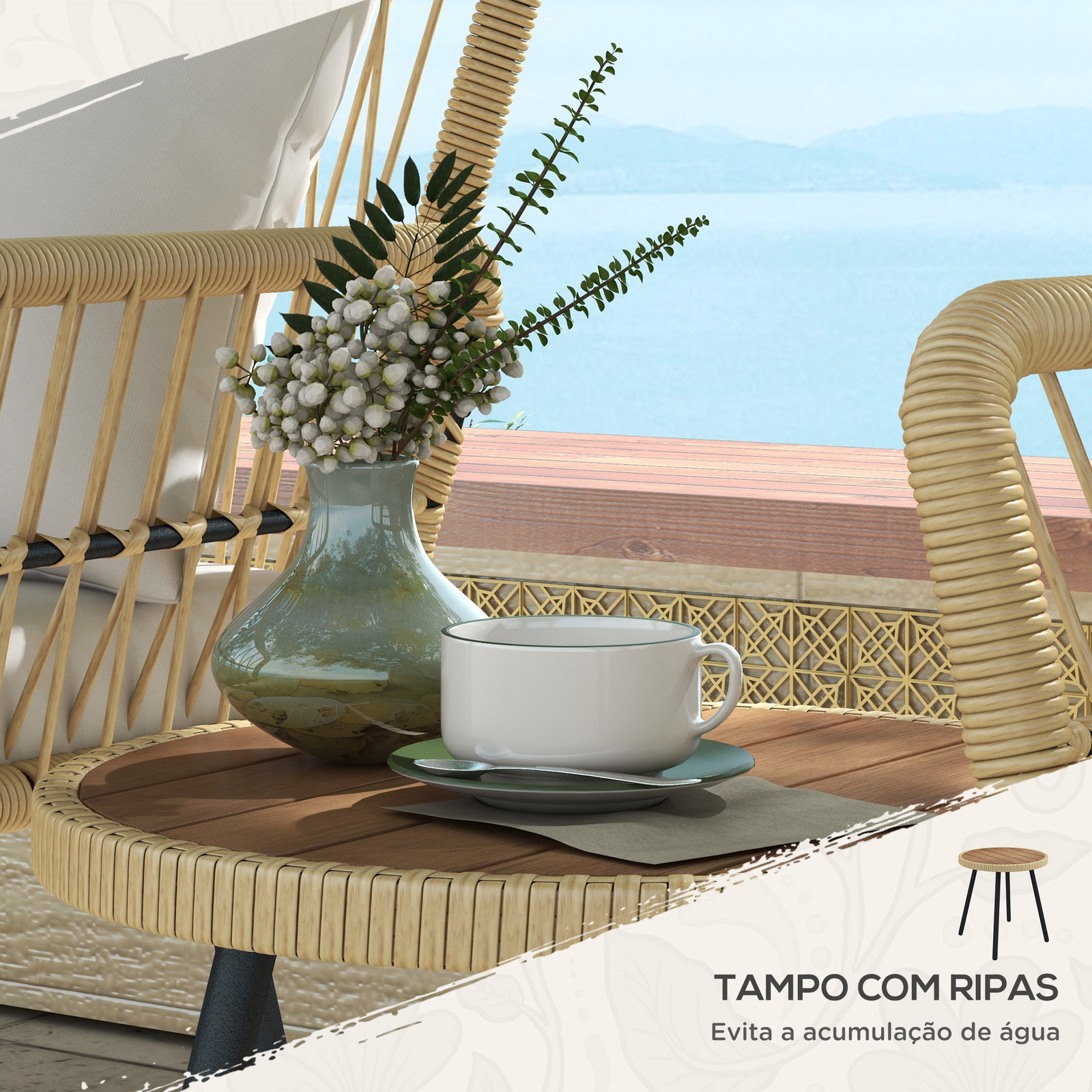 Conjunto de mesa e poltronas para jardim exterior jogo de 3 peças de vime com 2 poltronas 1 mesa para terraço natural