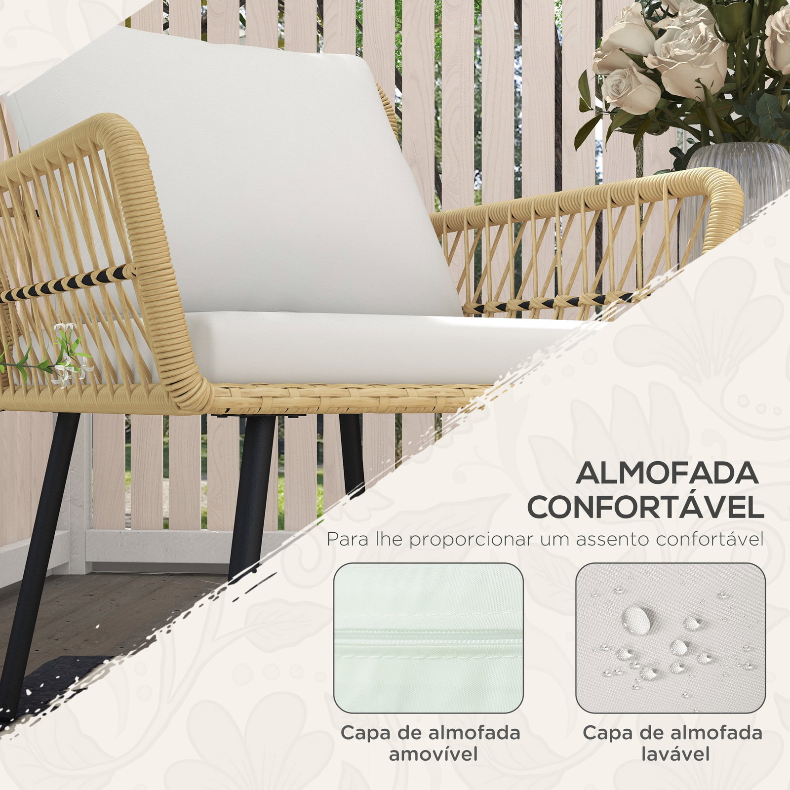 Conjunto de mesa e poltronas para jardim exterior jogo de 3 peças de vime com 2 poltronas 1 mesa para terraço natural