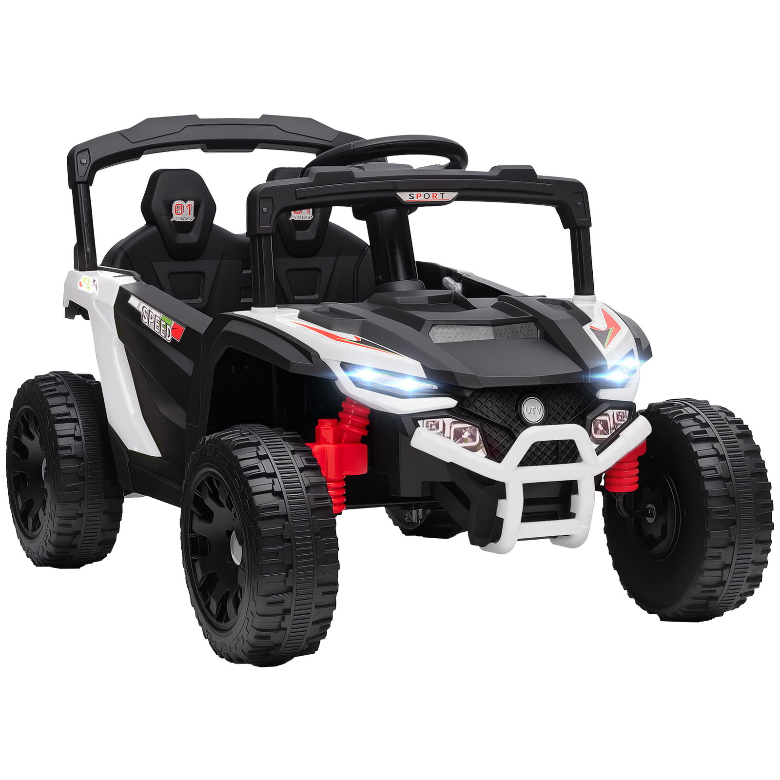 Carro elétrico para crianças 12v com 2 motores suspensão traseira faróis e música 88x57,5x55,5 cm branco