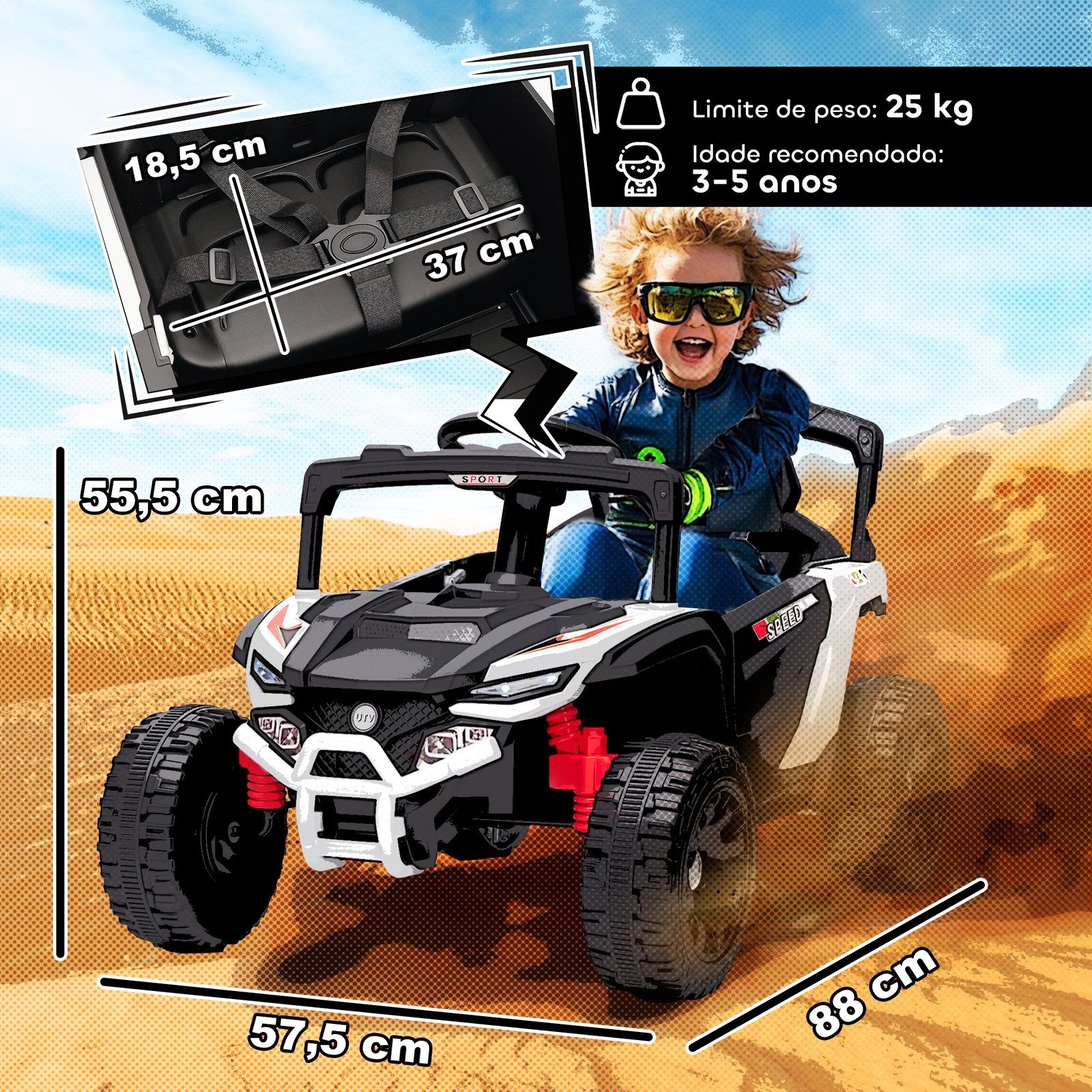 Carro elétrico para crianças 12v com 2 motores suspensão traseira faróis e música 88x57,5x55,5 cm branco