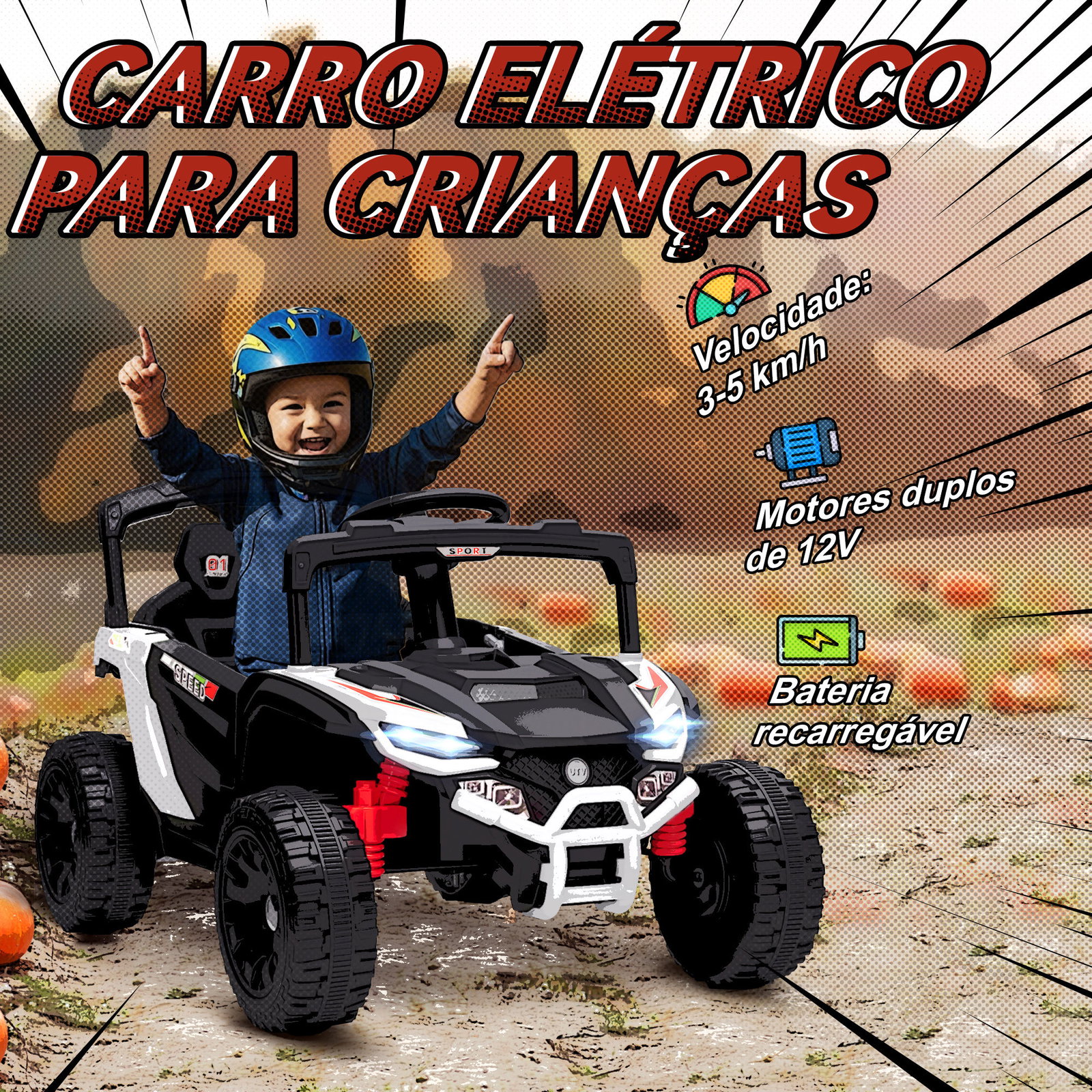 Carro elétrico para crianças 12v com 2 motores suspensão traseira faróis e música 88x57,5x55,5 cm branco