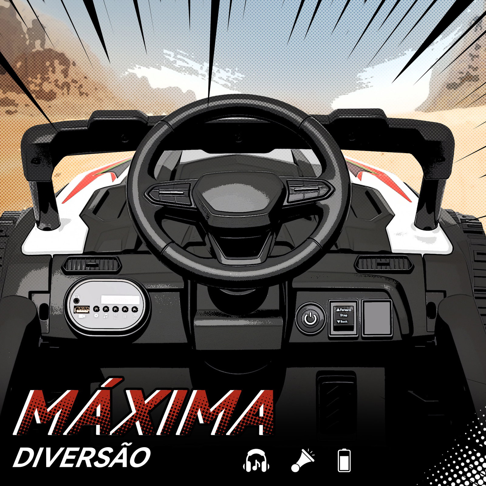 Carro elétrico para crianças 12v com 2 motores suspensão traseira faróis e música 88x57,5x55,5 cm branco