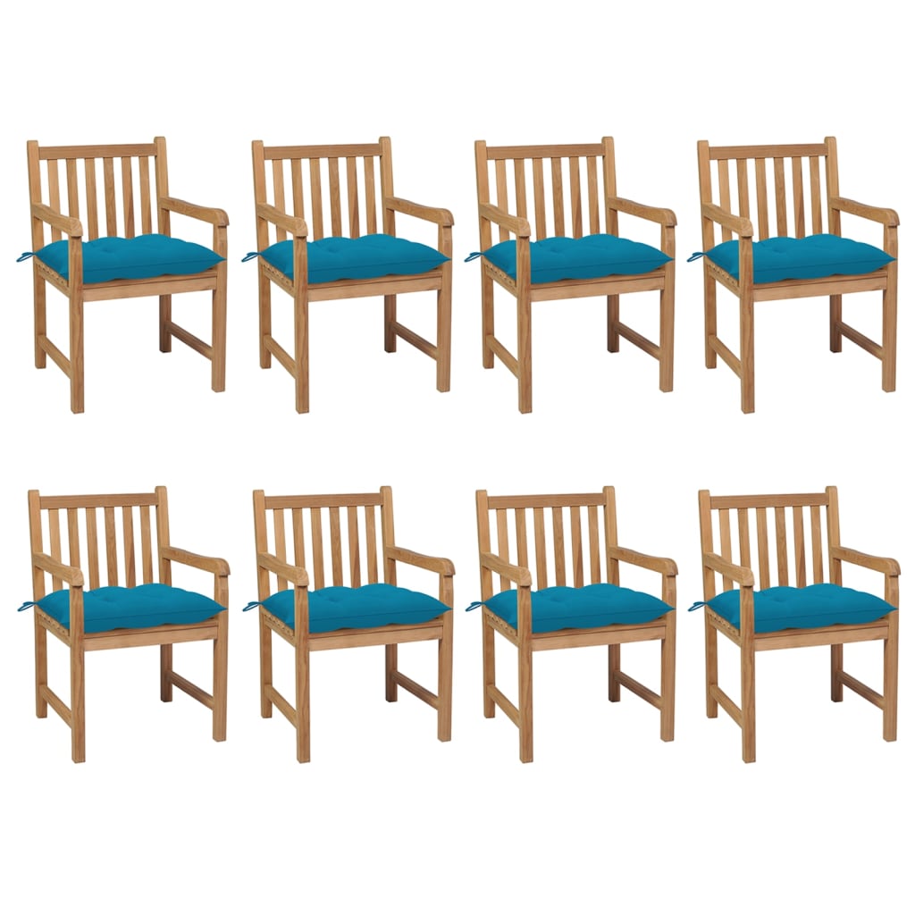 Cadeiras de jardim c/ almofadões azul-claro 8 pcs teca maciça