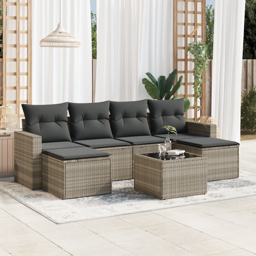 7 Pcs conj. sofás jardim com almofadões vime PE cinzento-claro