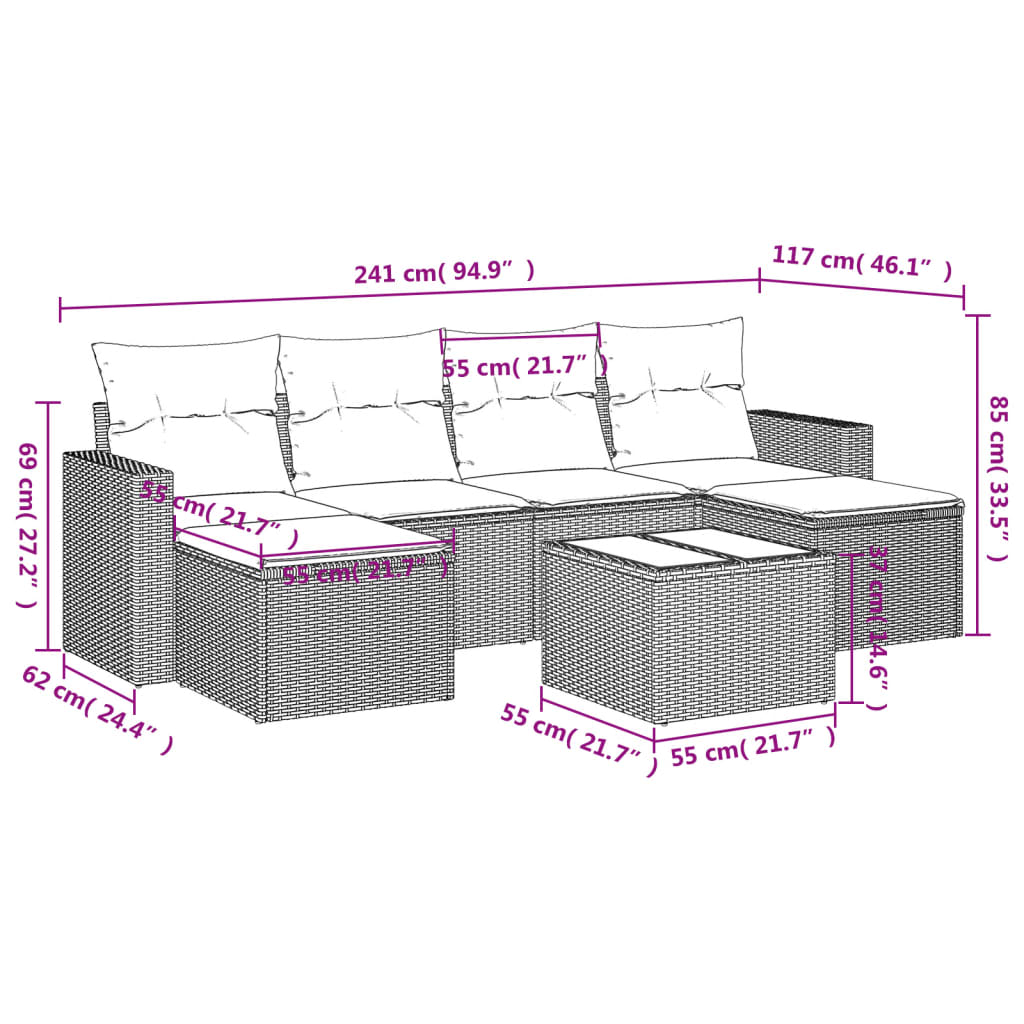 7 Pcs conj. sofás jardim com almofadões vime PE cinzento-claro
