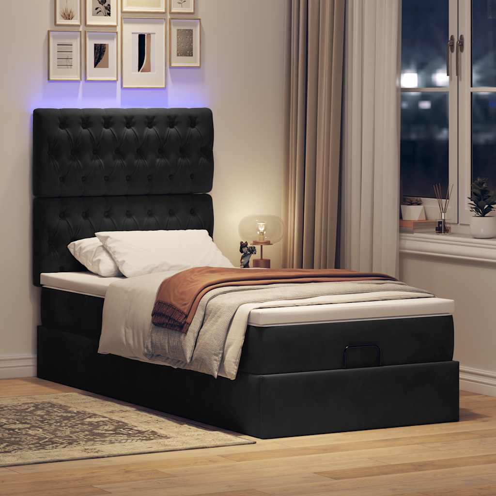 Estrutura de cama otomana com colchões preto 100x200cm veludo