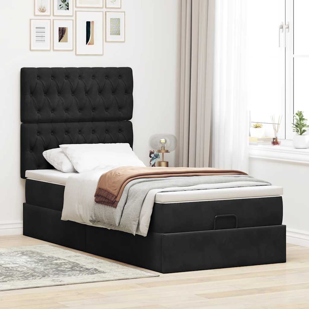 Estrutura de cama otomana com colchões preto 100x200cm veludo