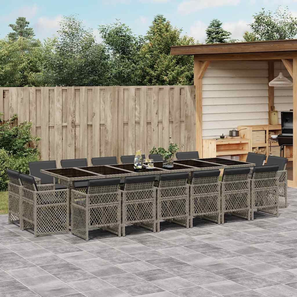17 Pcs conj. de jantar p/ jardim c/ almofadões vime PE cinzento