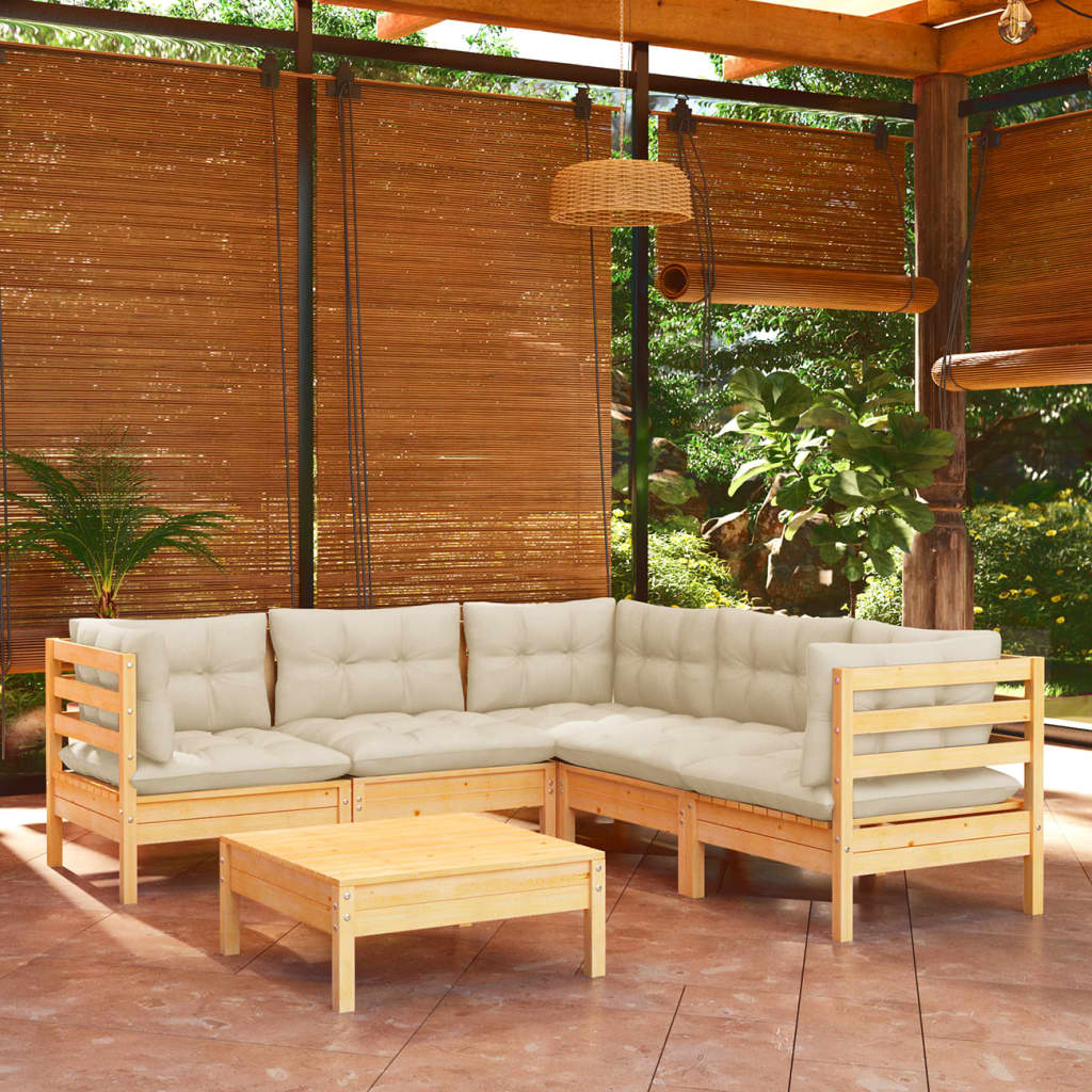 6 Pcs conjunto lounge jardim c/ almofadões creme pinho maciço
