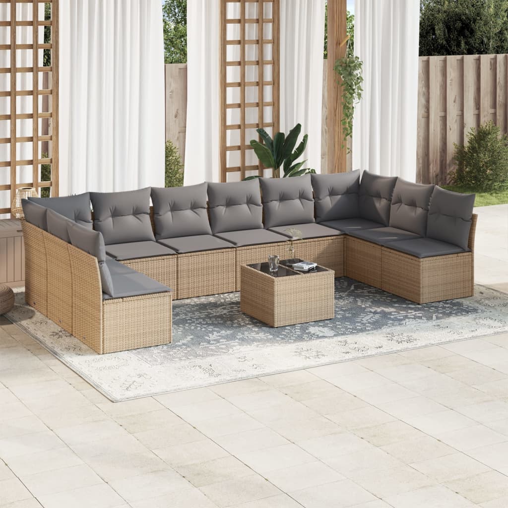 11 Pcs conjunto sofás de jardim c/ almofadões vime PE bege
