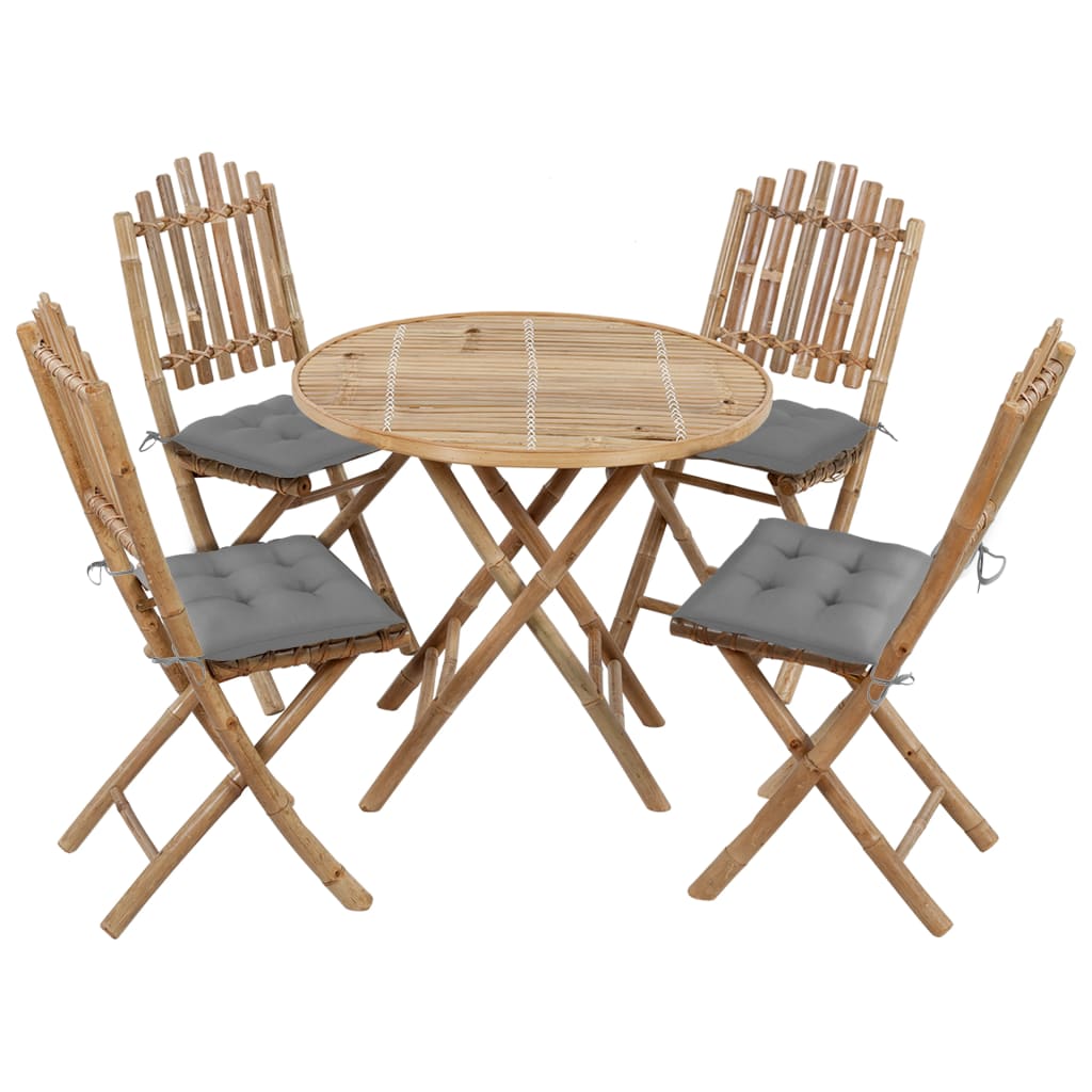 5 Pcs conj. de jantar dobrável c/ almofadões p/ exterior bambu