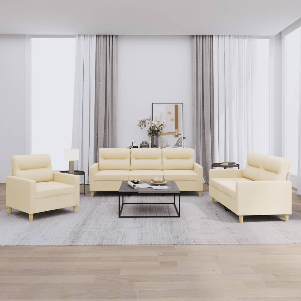 3 Pcs conjunto de sofás com almofadões tecido cor creme