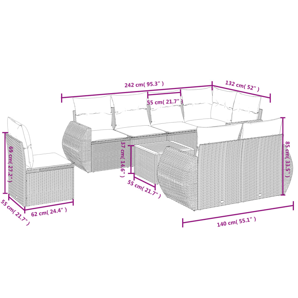 9 Pcs conjunto de sofás p/ jardim c/ almofadões vime PE preto