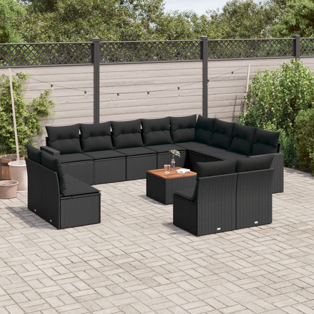 13 Pcs conjunto de sofás de jardim com almofadões vime PE preto