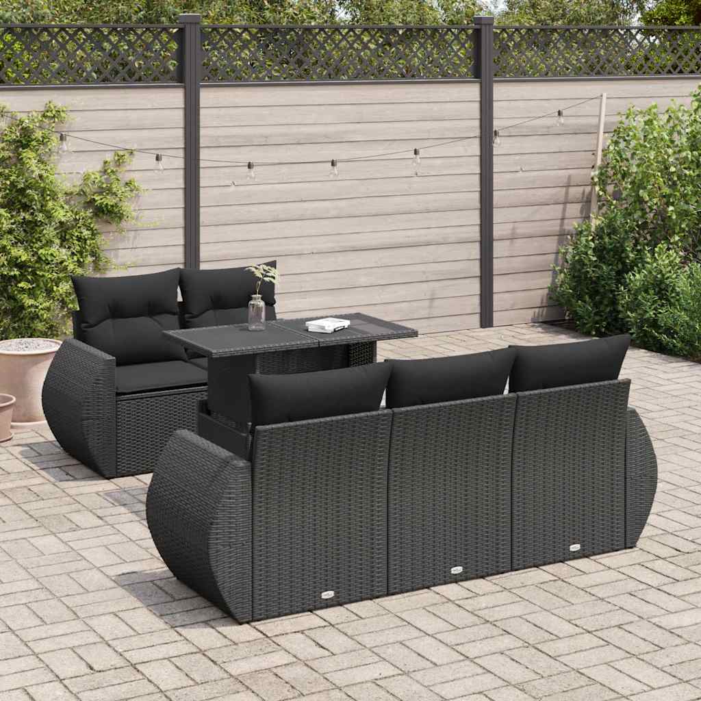 6 Pcs conjunto sofás de jardim c/ almofadões vime PE preto