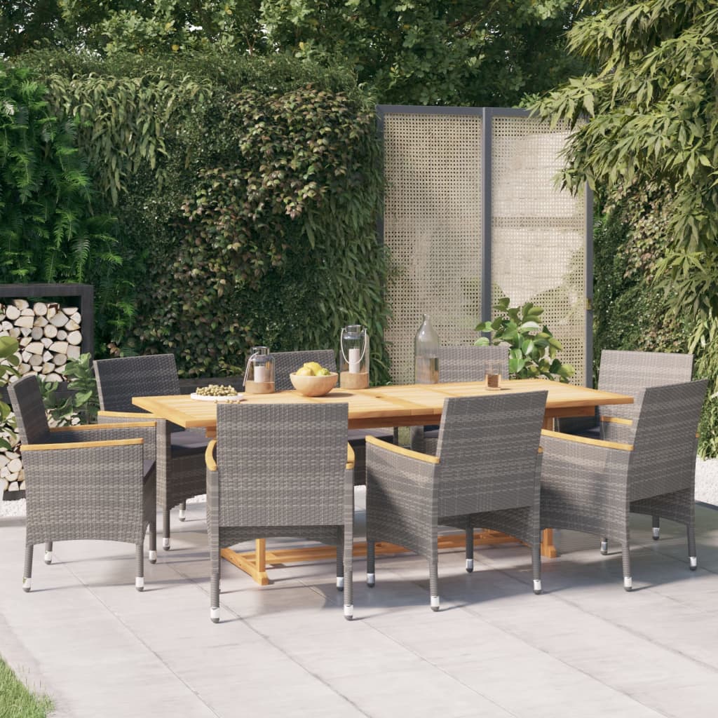 9 Pcs conjunto de jantar para jardim com almofadões cinzento