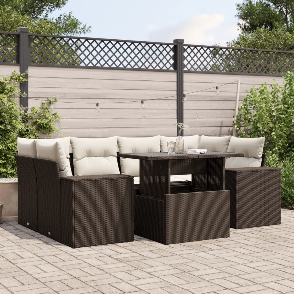 7 Pcs conjunto de sofás jardim c/ almofadões vime PE castanho
