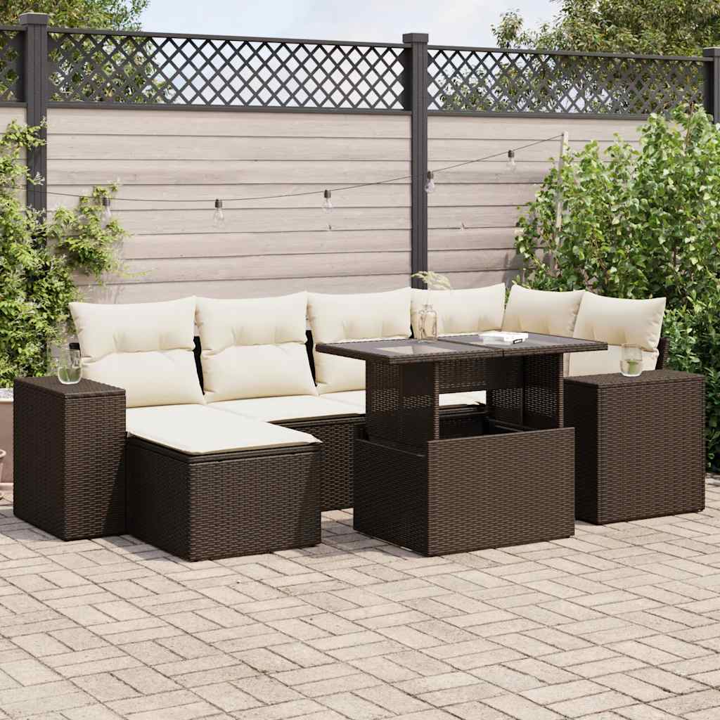 7 Pcs conjunto de sofás jardim c/ almofadões vime PE castanho