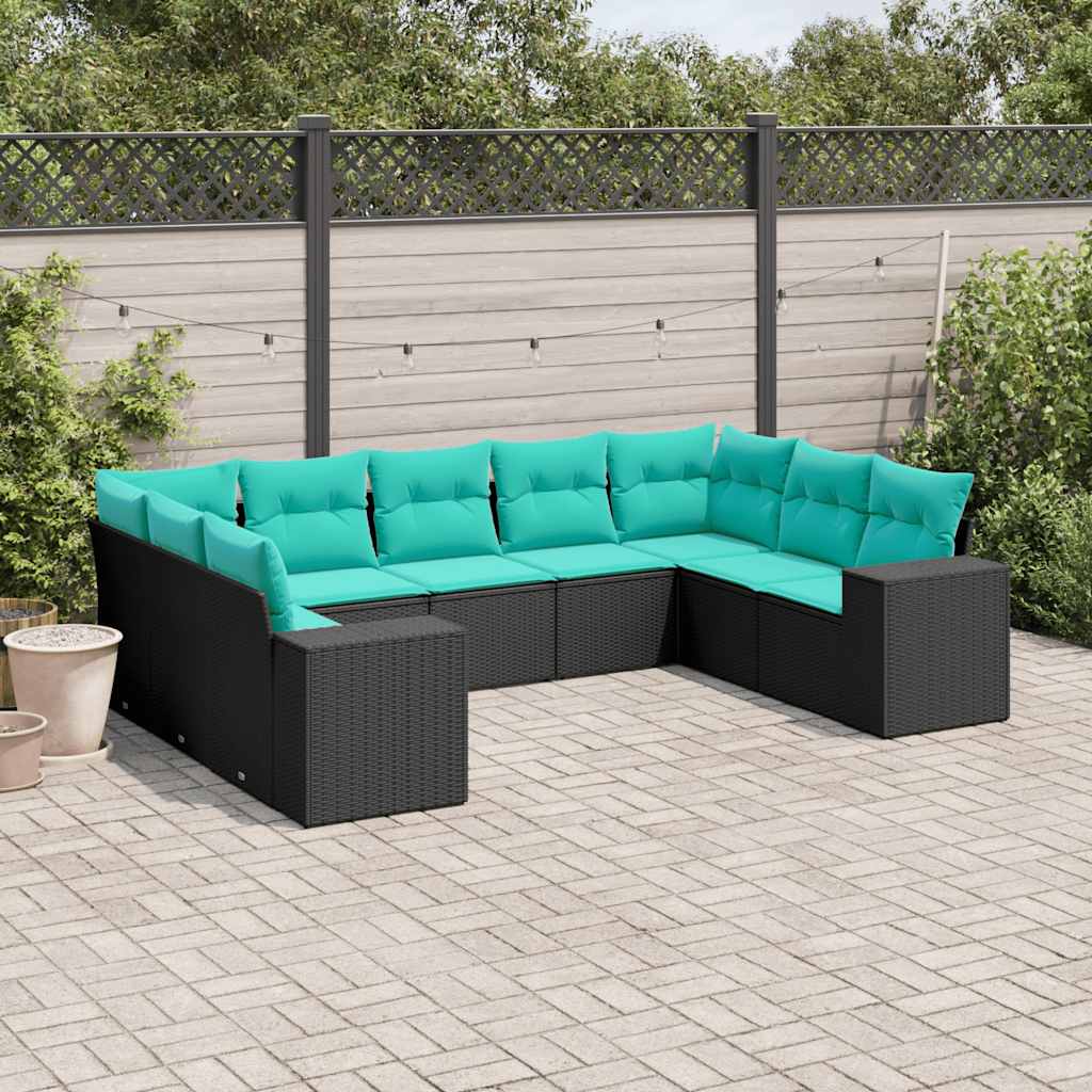 Conjunto de sofá de jardim de 9 peças com almofadas em rattan sintético preto