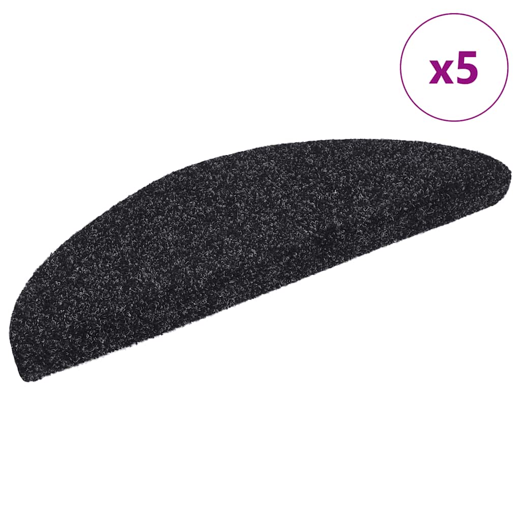 Tapetes de escada autoadesivos 5 peças 56x17x3 cm pretos semicirculares