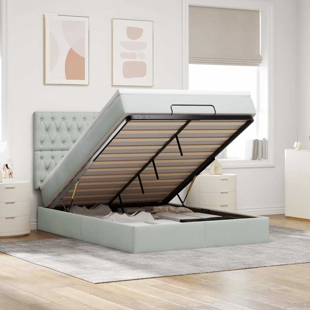 Estrutura cama otomana colchões 140x200cm veludo cinzento claro