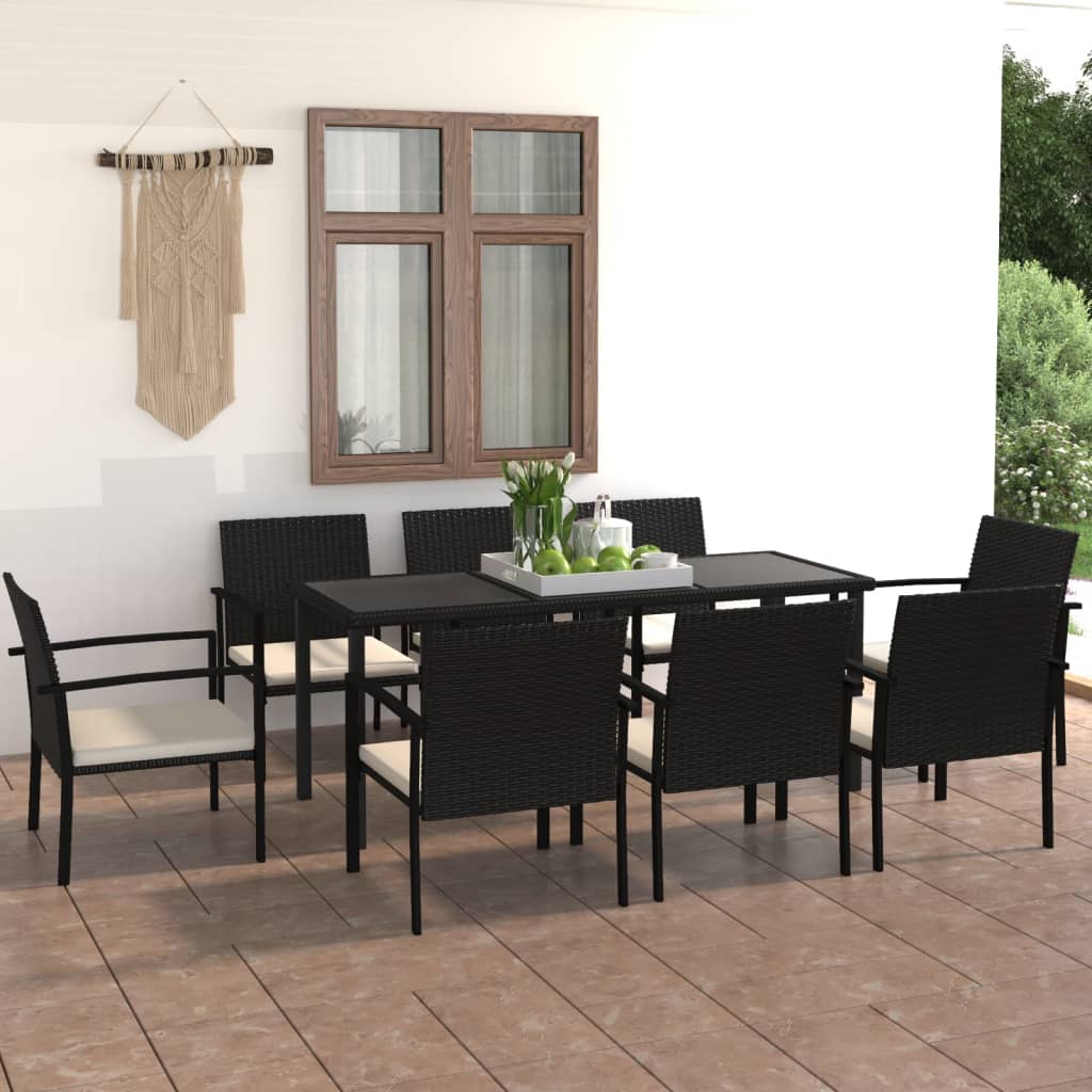 9 Pcs conjunto de jantar para jardim vime PE preto