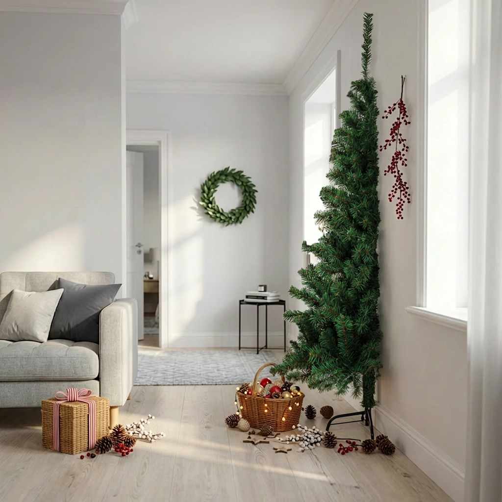 Meia árvore de natal artificial com suporte 210 cm PVC verde