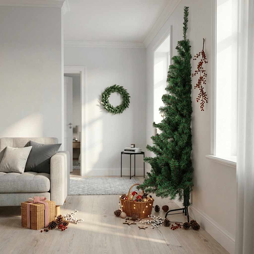 Meia árvore de natal artificial com suporte 210 cm PVC verde