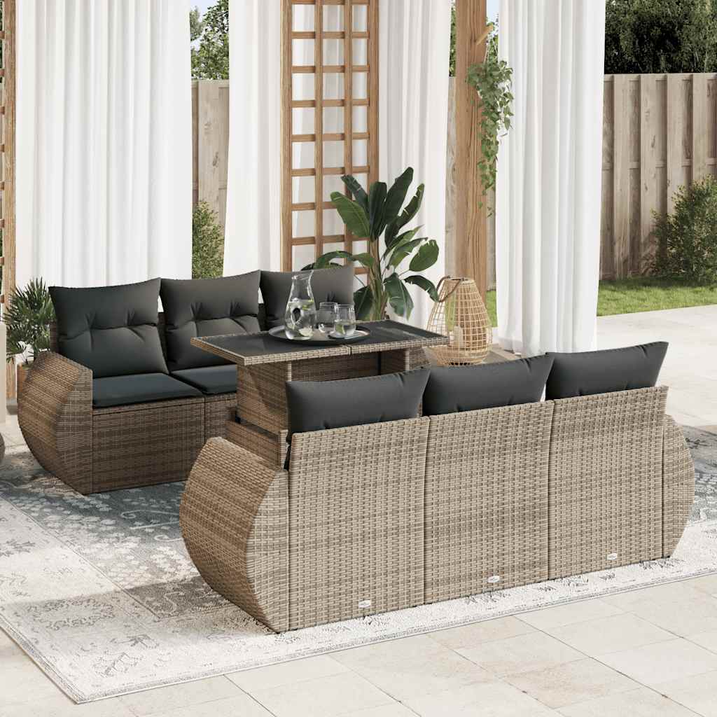 7 Pcs conjunto sofás p/ jardim c/ almofadões vime PE cinzento
