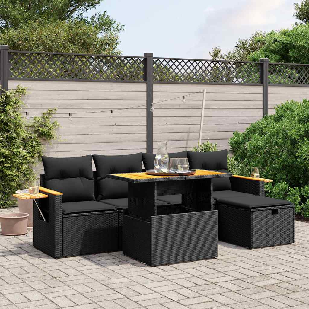 6 Pcs conjunto sofás de jardim c/ almofadões vime PE preto