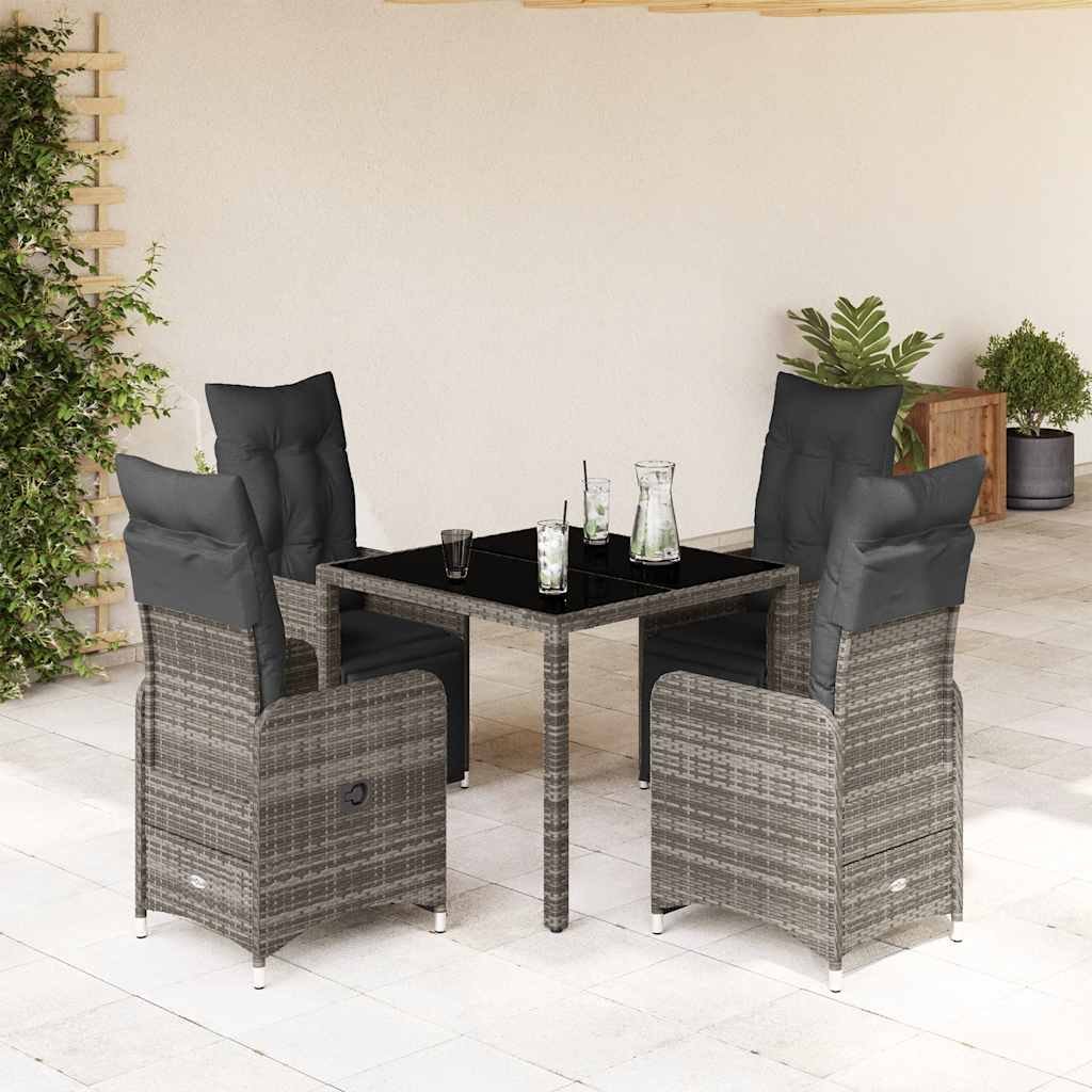 5 Pcs conjunto bistrô de jardim c/ almofadões vime PE cinza