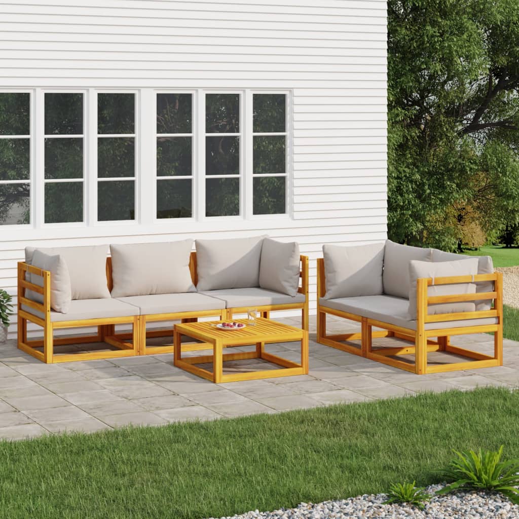6Pcs conjunto lounge de jardim madeira c/almofadões cinza-claro