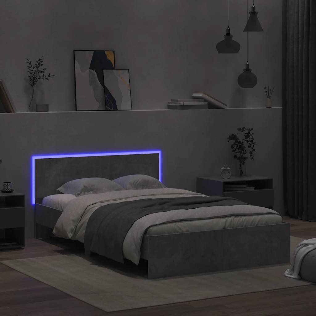 Estrutura cama cabeceira e luzes LED 120x190cm cinzento cimento