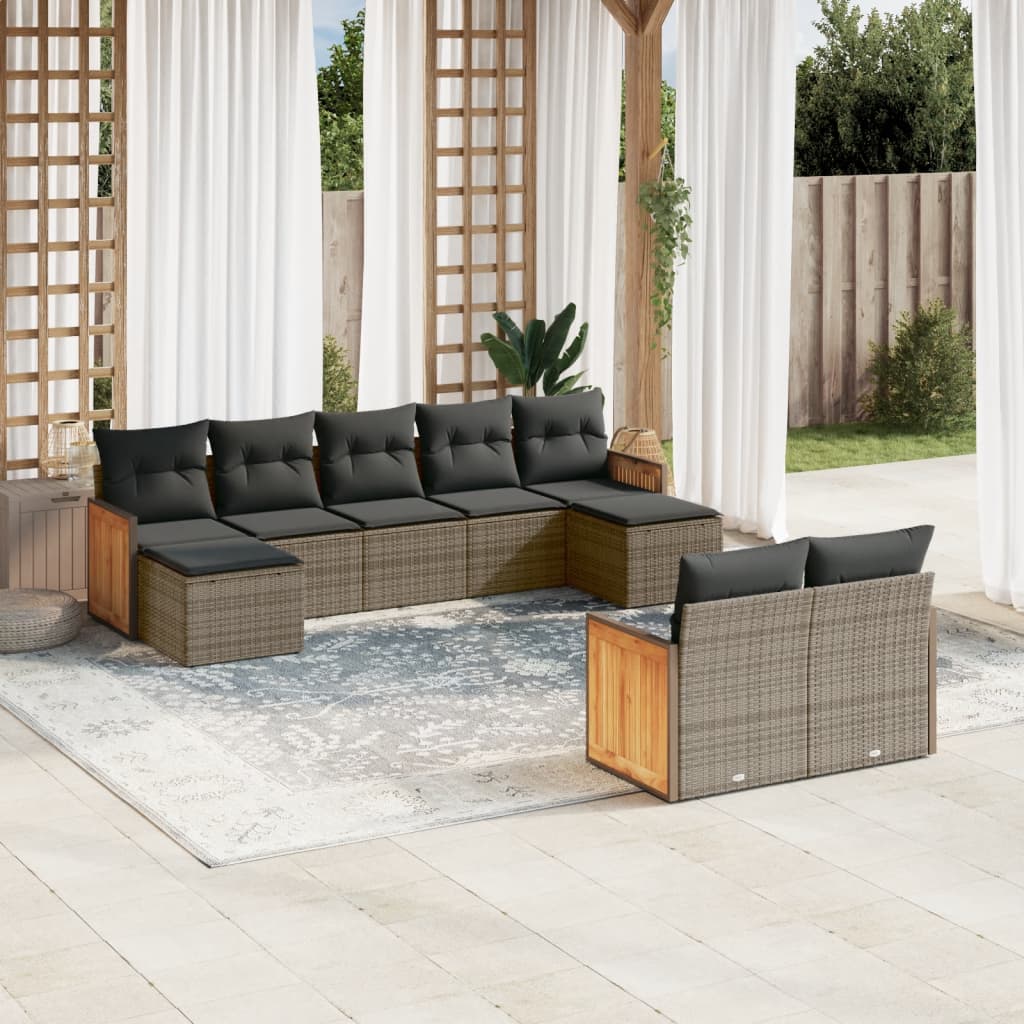 9 Pcs conjunto sofás p/ jardim com almofadões vime PE cinzento