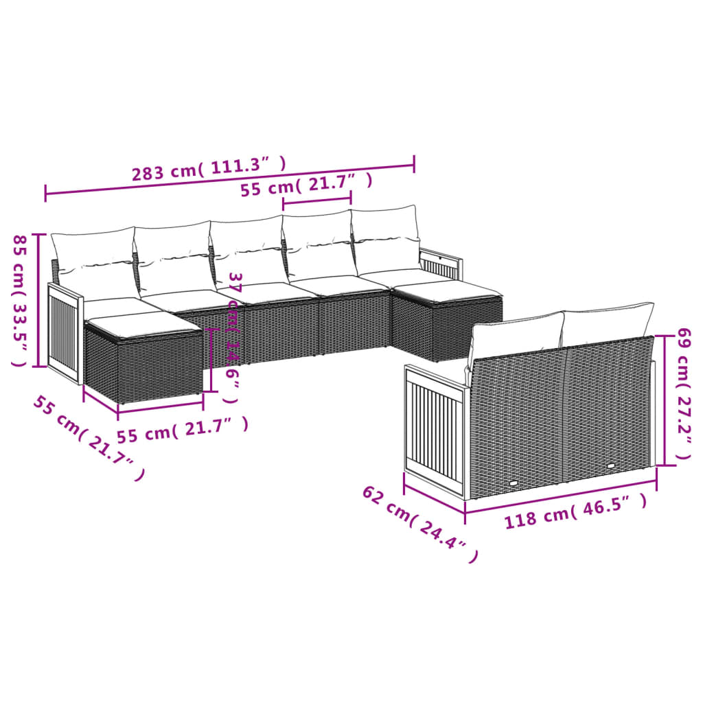 9 Pcs conjunto sofás p/ jardim com almofadões vime PE cinzento