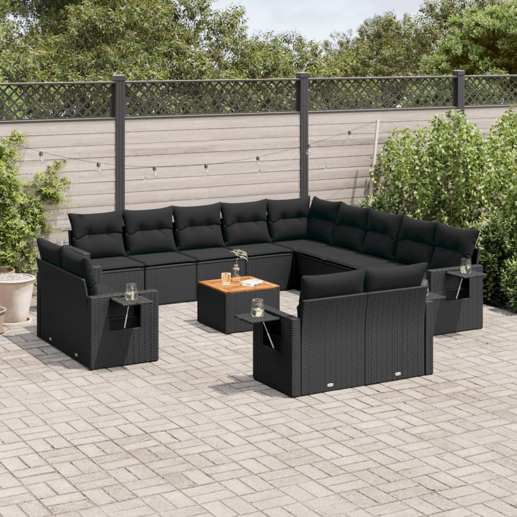14 Pcs conjunto de sofás p/ jardim c/ almofadões vime PE preto